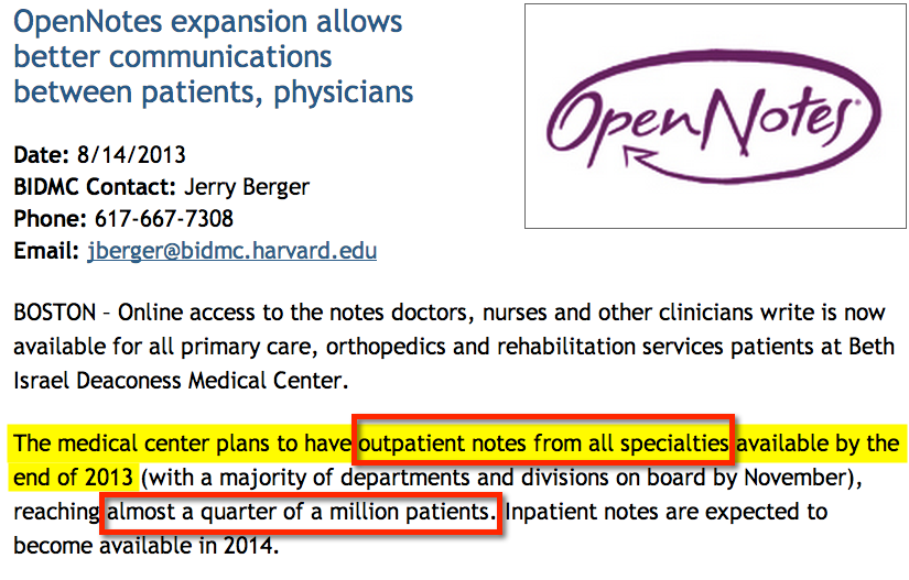 OpenNotes expands - BIDMC outpatient