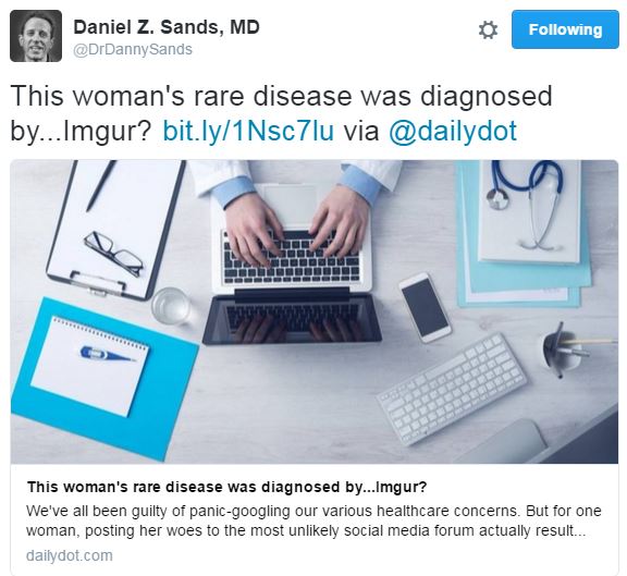 Dr Danny Sands tweet about Imgur diagnosis