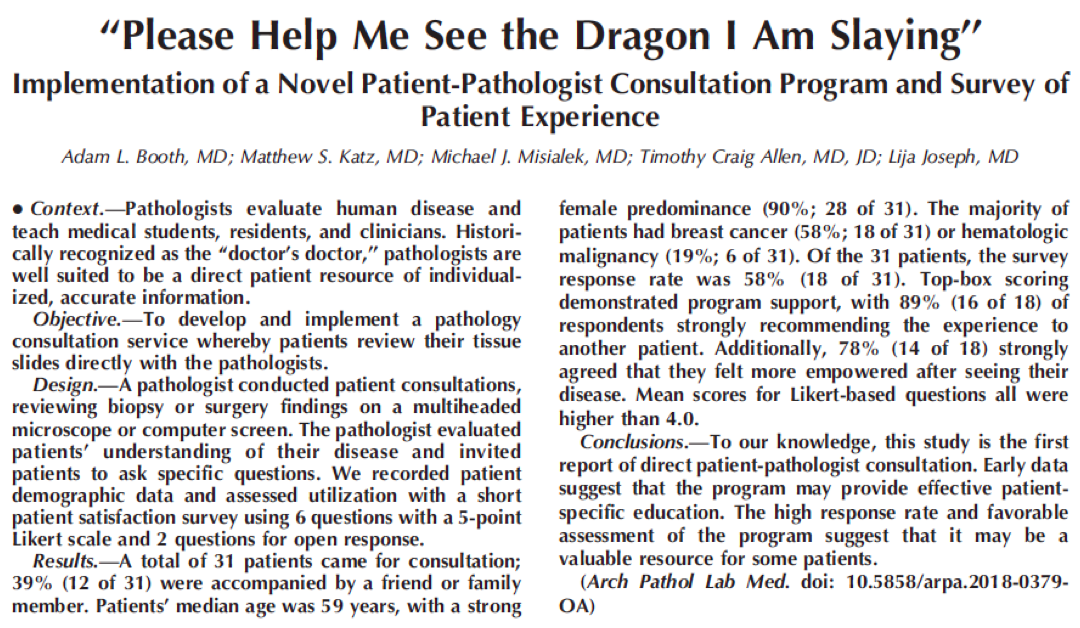 “Help me see the dragon I’m slaying”: pathologists meeting directly with patients