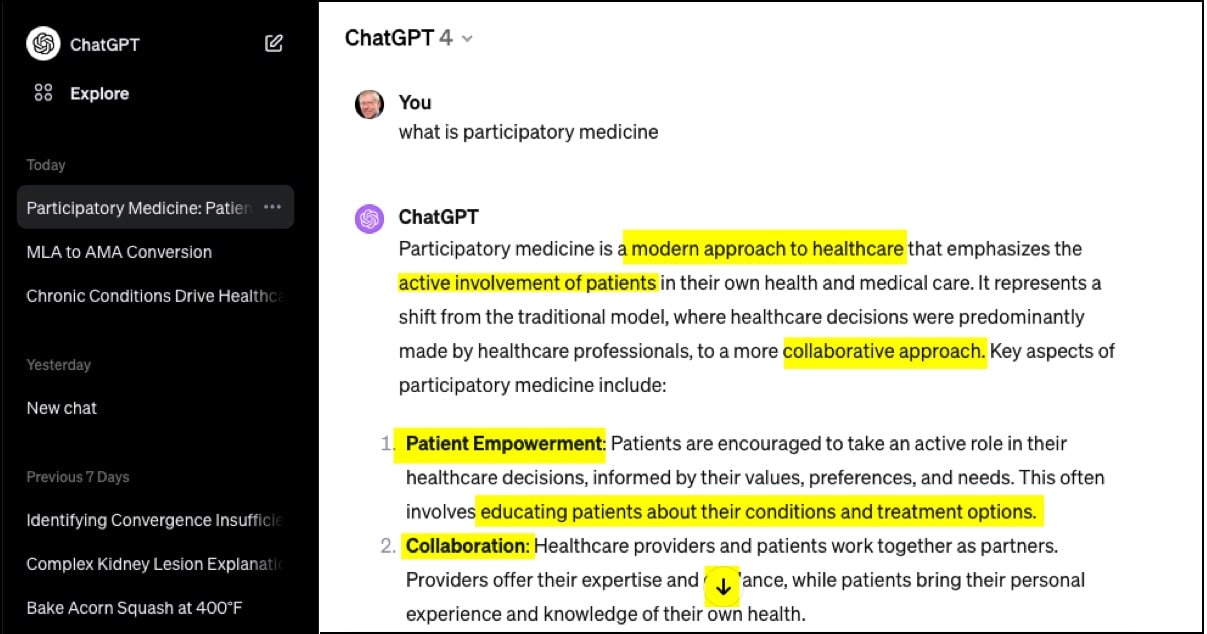 Screen capture of GPT-4 answering "what is participatory medicine"